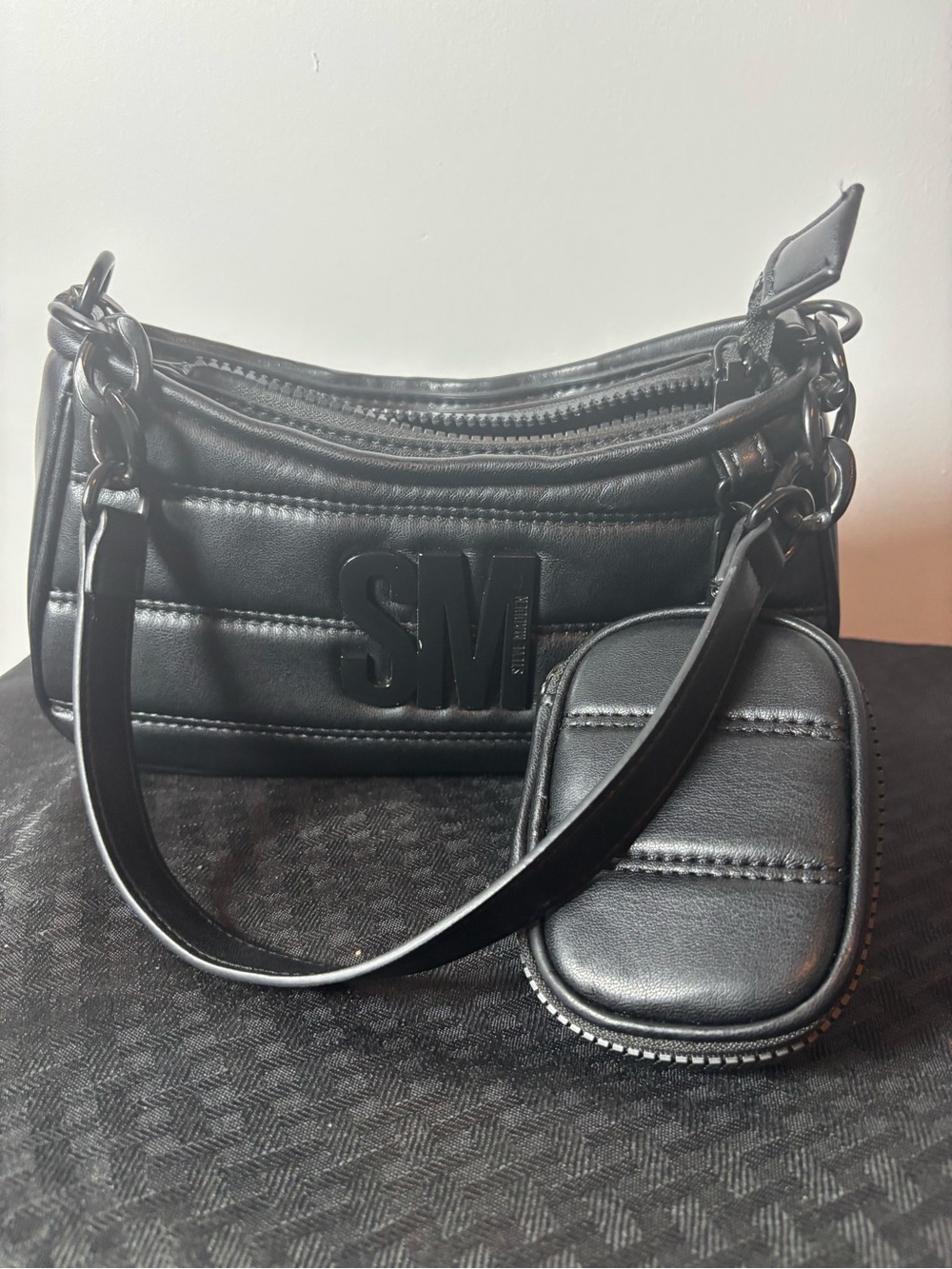 Steve Madden Black Quilted Shoulder Bag with Coin Pouch